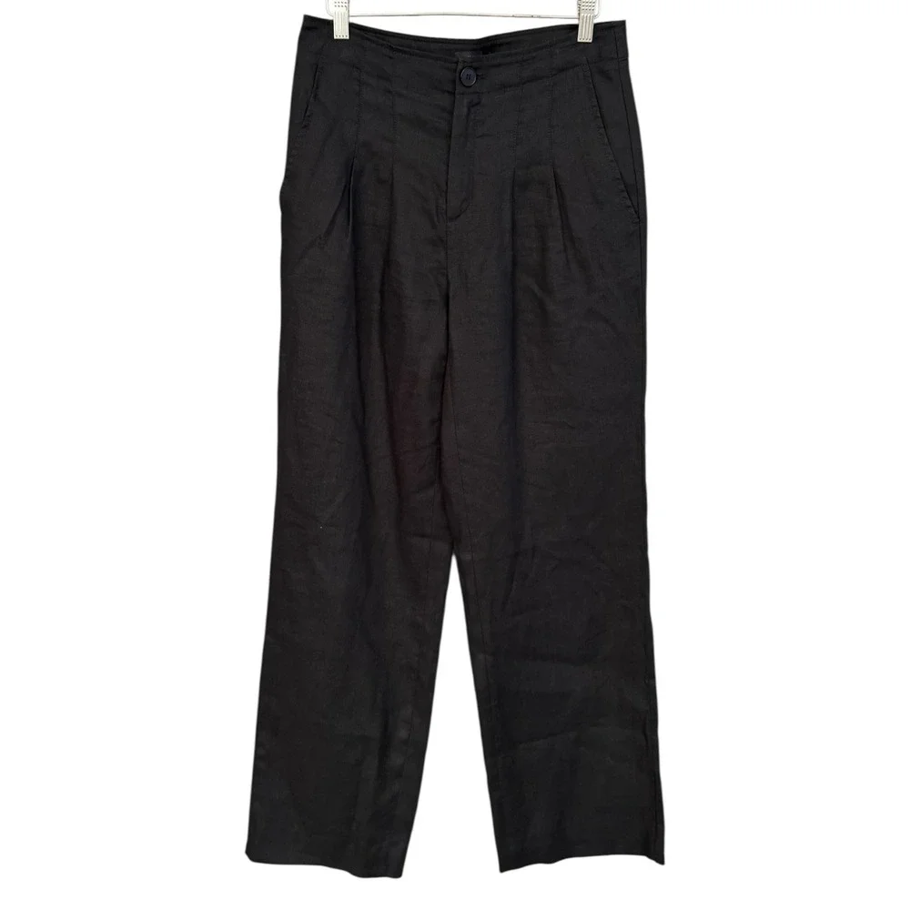 Banana Republic Minimalist Linen High Rise Pleated Wide Leg Trouser Black 4 Long
